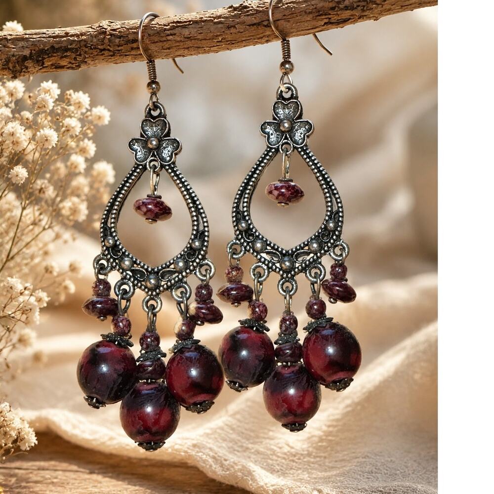 Vintage Burgundy Beaded Chandelier Earrings Boho Victorian Statement Jewelry
